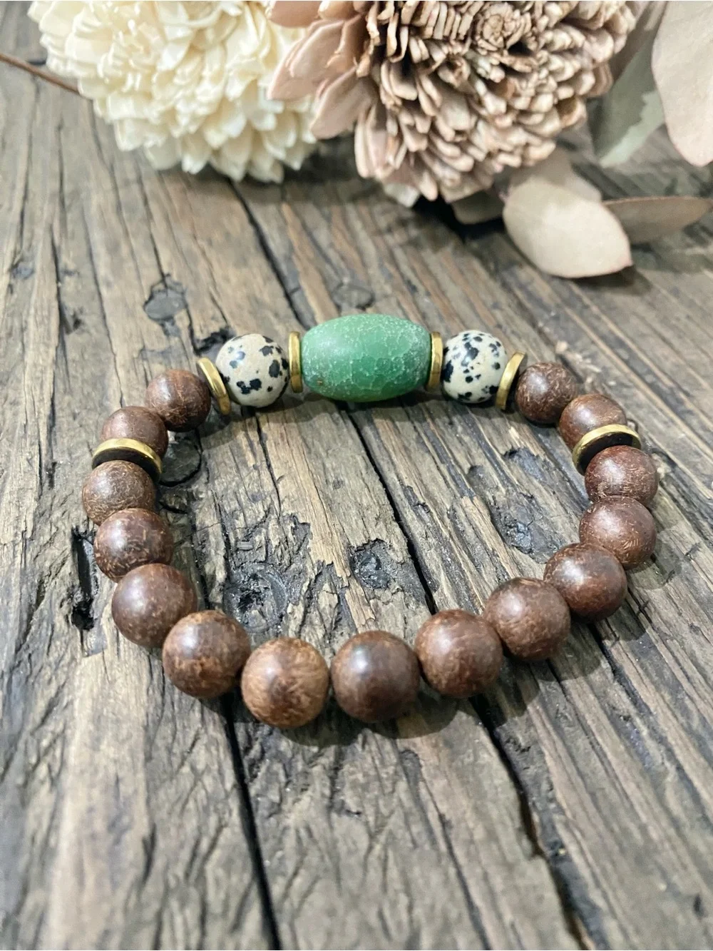 Sandalwood & Jasper Bead Stretch Bracelet with Gold & Big Glass Accent